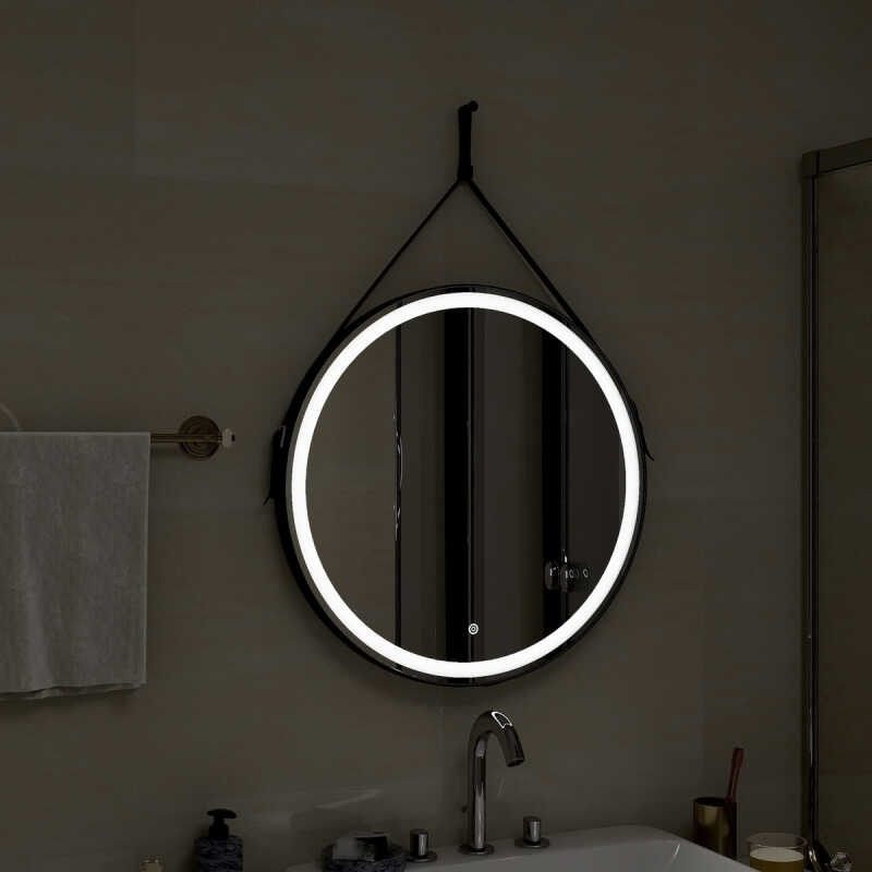 Зеркало круглое в кожаной раме с led-подсветкой черный 650