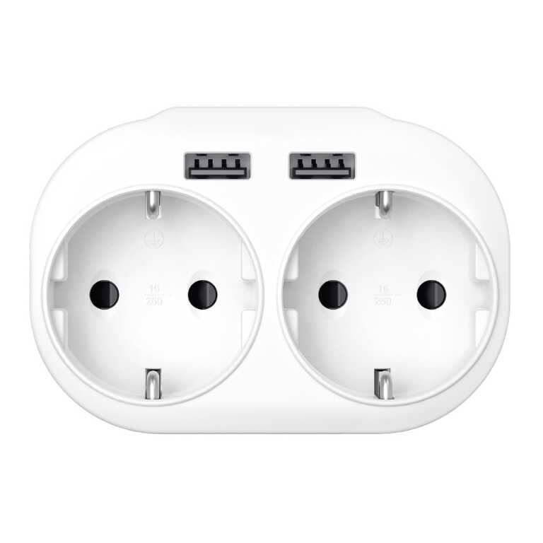 Разветвитель, 2 гнезда, 2xUSB 2.4А суммарно, 16А, 4000Вт, BY