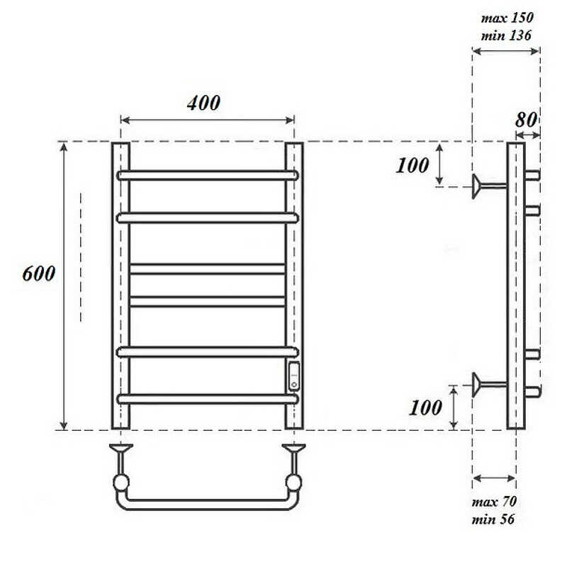 Полотенцесушитель электрический Point Сатурн П6 (400x600)диммер справа, хром