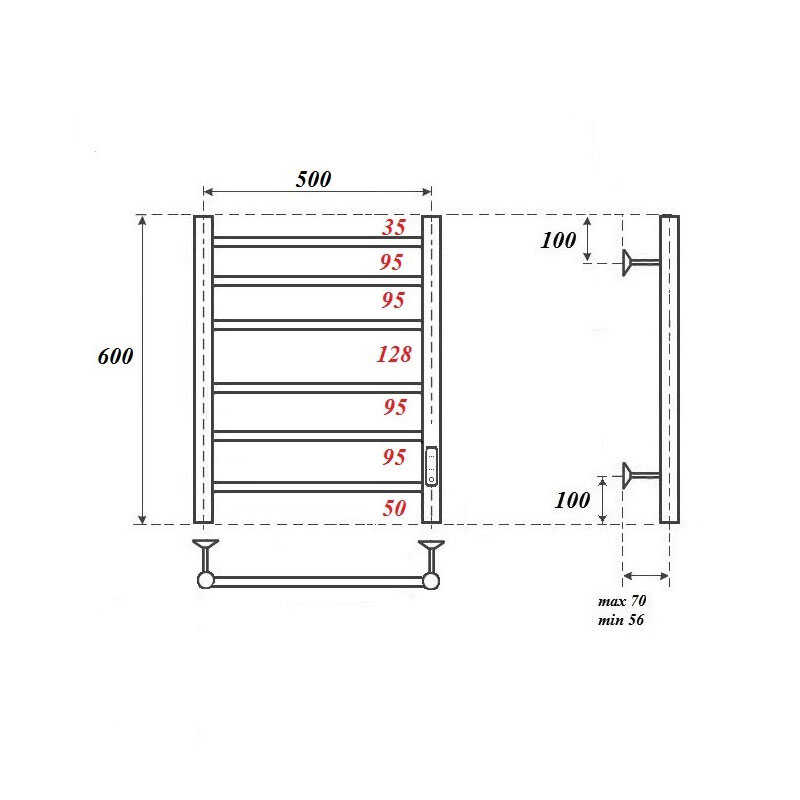 Полотенцесушитель электрический Point Аврора PN10856BR П6 (500x600)диммер справа,бронза
