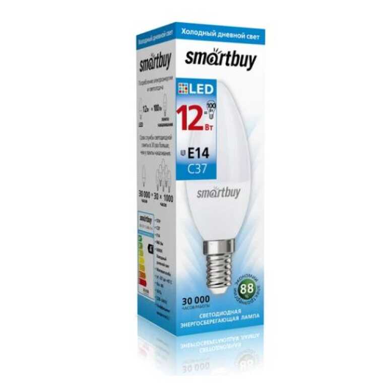 Лампа светодиодная (LED) C37-12W/6000 (SBL-C37-12-60K-E14) Smartbuy