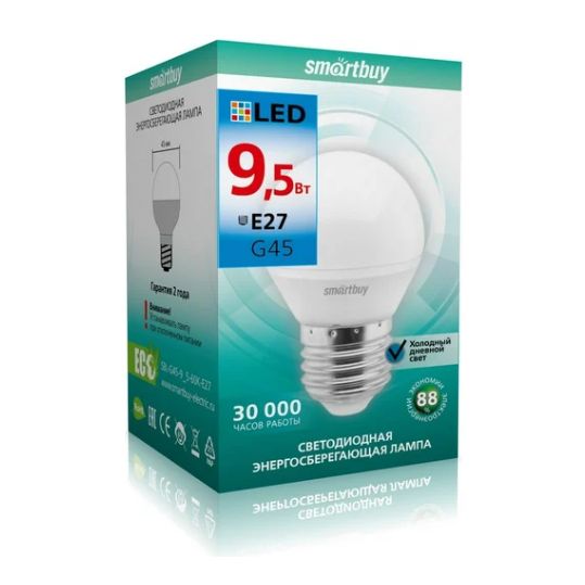 Лампа светодиодная (LED) G45-9,5W/6000/E27 Smartbuy