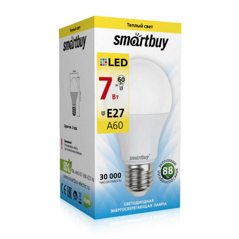 Лампа светодиодная (LED) A60-07W/3000/E27 Smartbuy