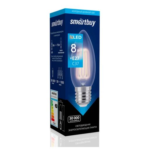 Лампа светодиодная (LED) FIL C37-8W/6000/E27 Smartbuy Лампа светодиодная (LED) FIL C37-8W/6000/E27 Smartbuy