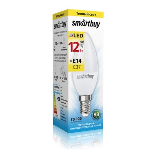 Лампа светодиодная (LED) C37-12W/3000 (SBL-C37-12-30K-E14) Smartbuy